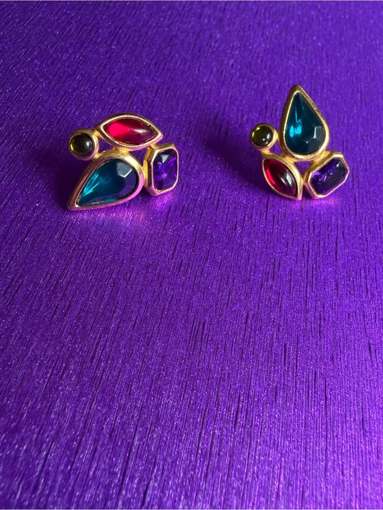 Trifari Jewelry - Vintage Trifari Multi-Stone Pierced Earrings Teal Pink Purple Olive Gold Signed